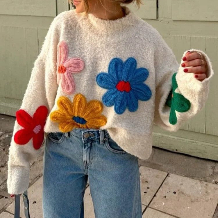 Femmes - Pull surdimensionné à fleurs blanches - Gros Tricot