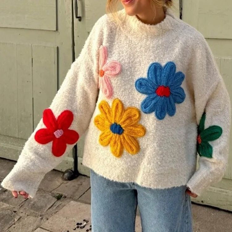 Femmes - Pull surdimensionné à fleurs blanches - Gros Tricot