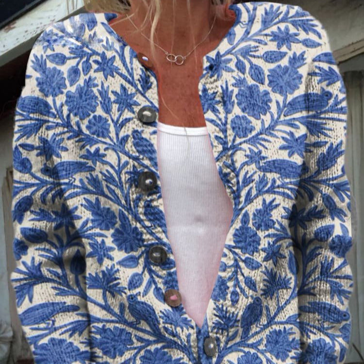 Femmes - Cardigan en maille florale - Col ras du cou - Élégant et confortable pour toutes les occasions