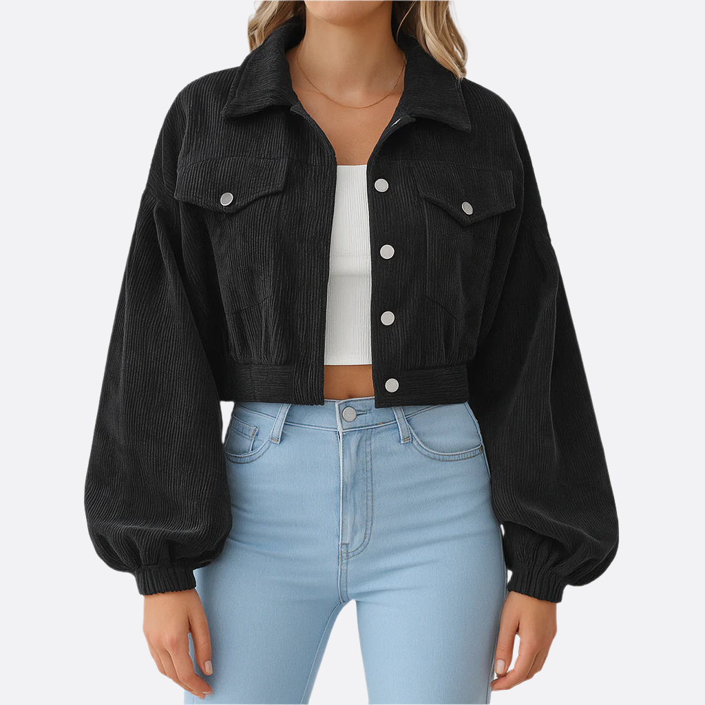 Femmes - Veste en denim velours côtelé - Tissu doux - Manches ballon surdimensionnées - Mode tendance