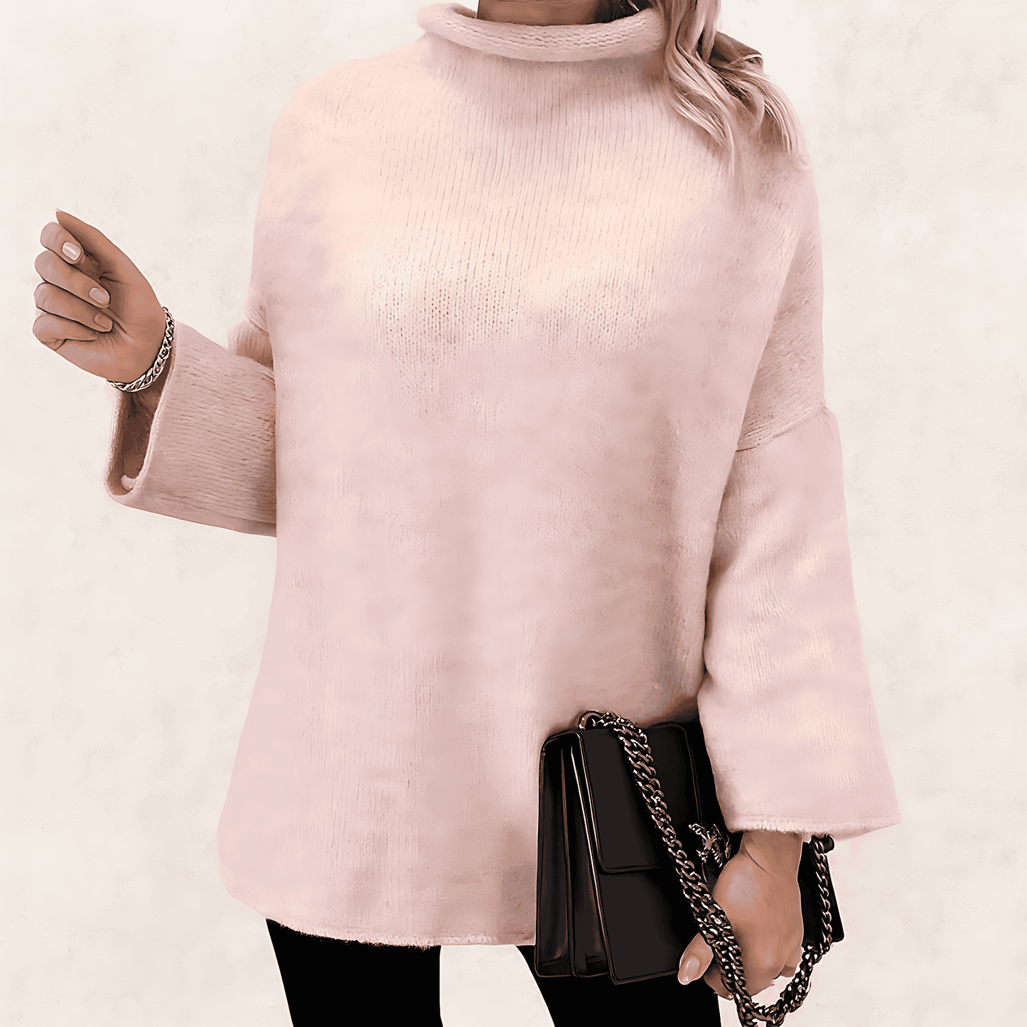 Femmes - Sweat-shirt à col haut en tricot doux - Manches évasées