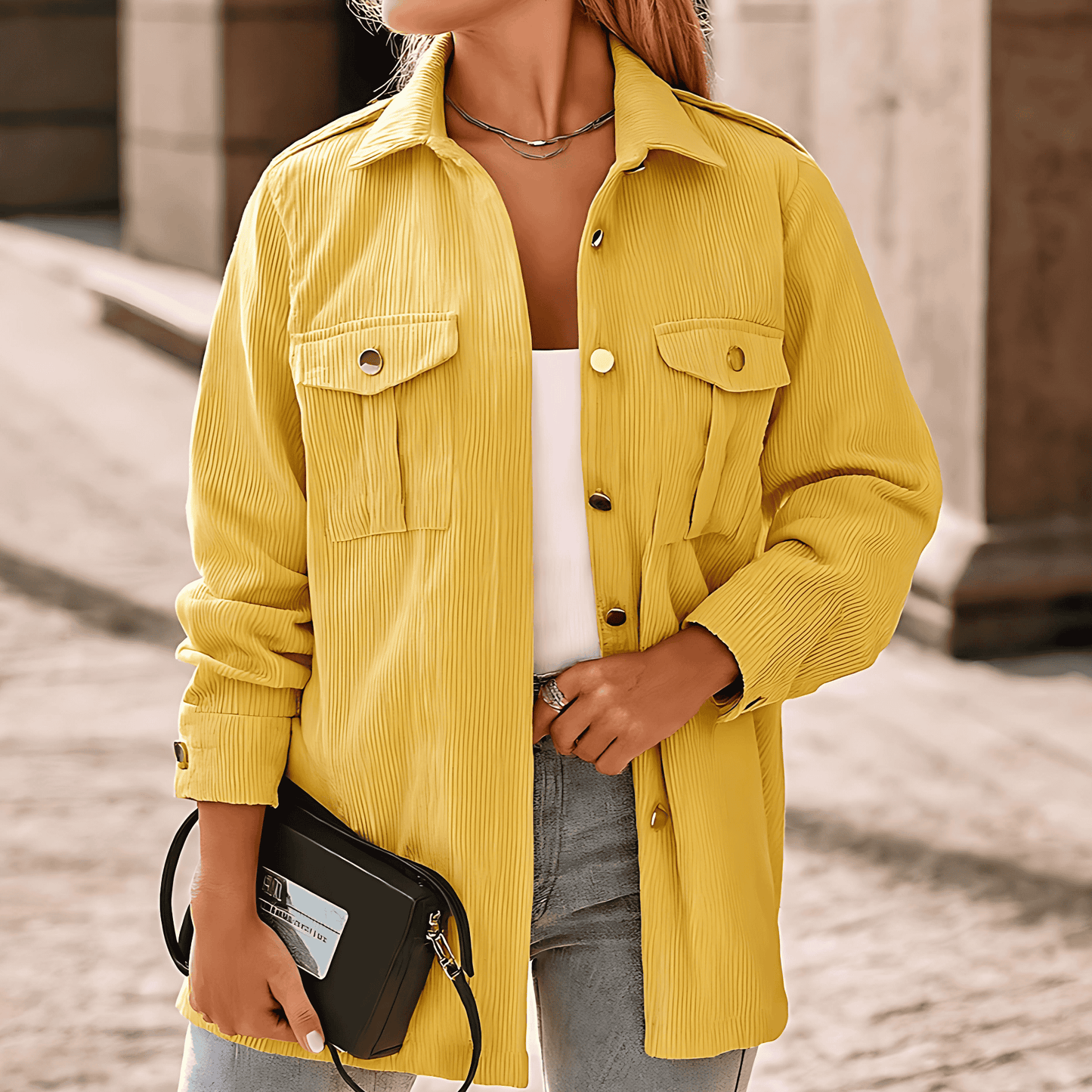 Femmes - Veste de style en velours côtelé jaune - Style classique