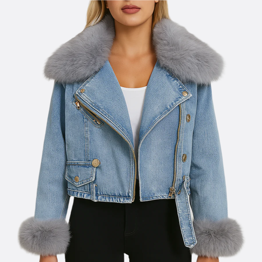 Femmes - Veste en jean - Denim de haute qualité - Col et poignets en fausse fourrure - Veste d'hiver tendance