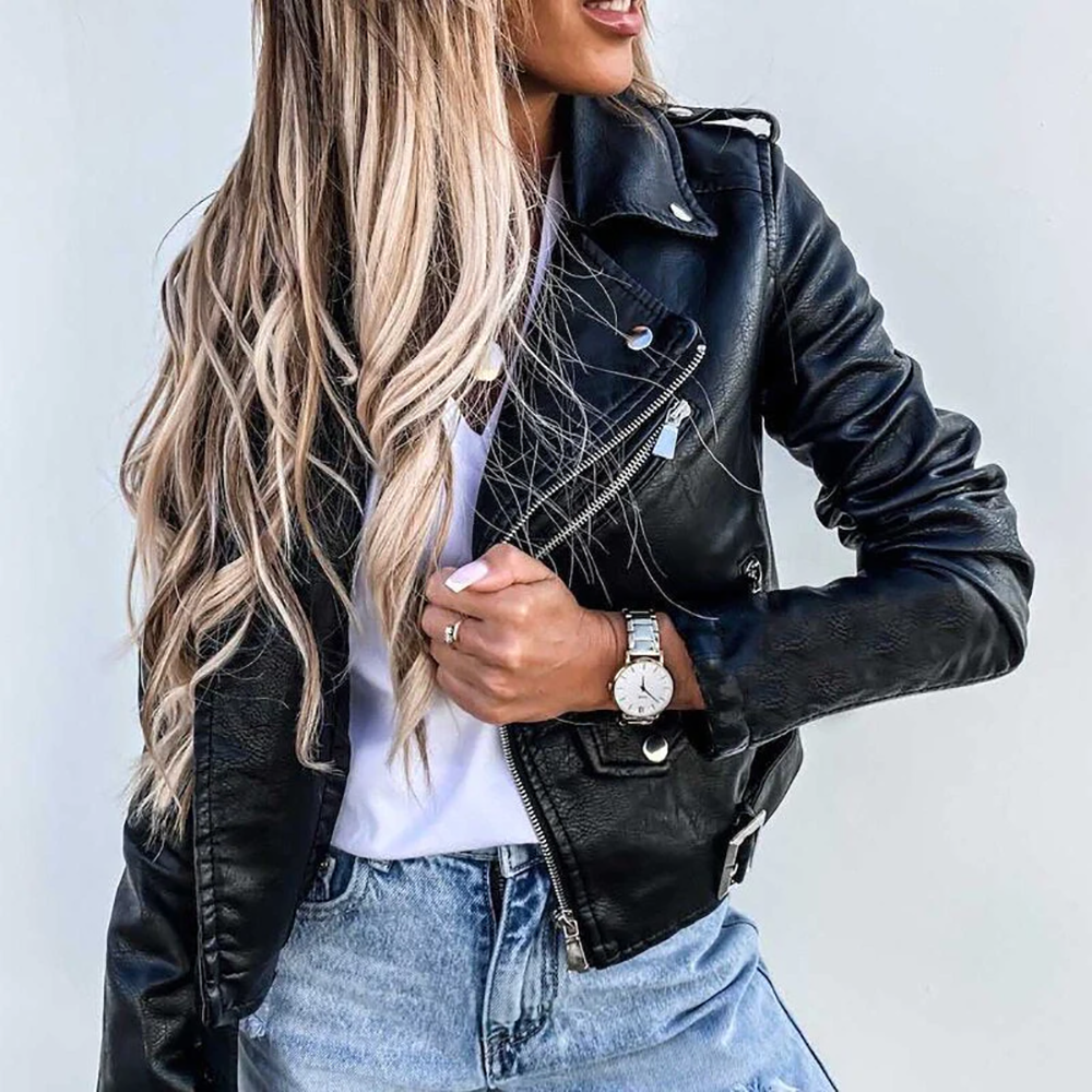Femmes - Veste en chic - Simili cuir - Fermeture à glissière et ceinture - Élégance moderne