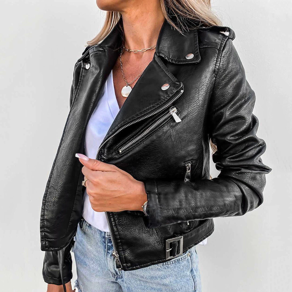Femmes - Veste en chic - Simili cuir - Fermeture à glissière et ceinture - Élégance moderne
