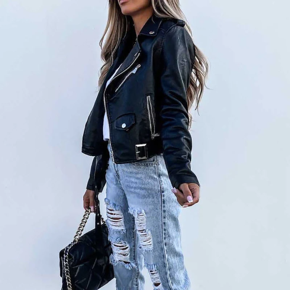 Femmes - Veste en chic - Simili cuir - Fermeture à glissière et ceinture - Élégance moderne