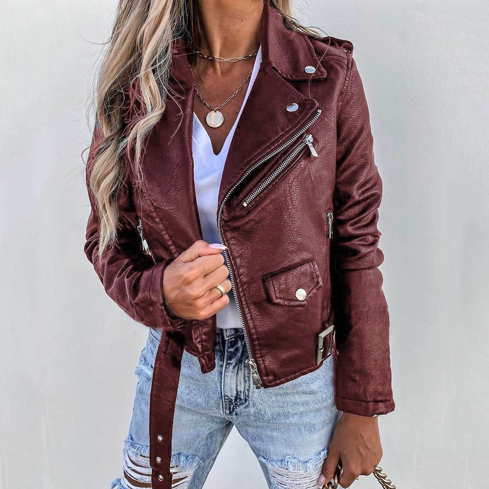 Femmes - Veste en chic - Simili cuir - Fermeture à glissière et ceinture - Élégance moderne