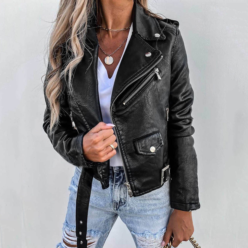 Femmes - Veste en chic - Simili cuir - Fermeture à glissière et ceinture - Élégance moderne