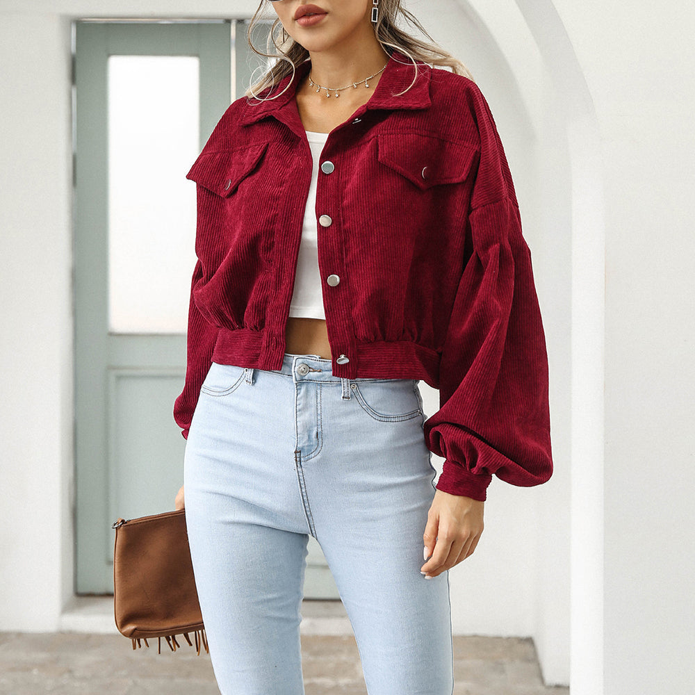 Femmes - Veste en denim velours côtelé - Tissu doux - Manches ballon surdimensionnées - Mode tendance