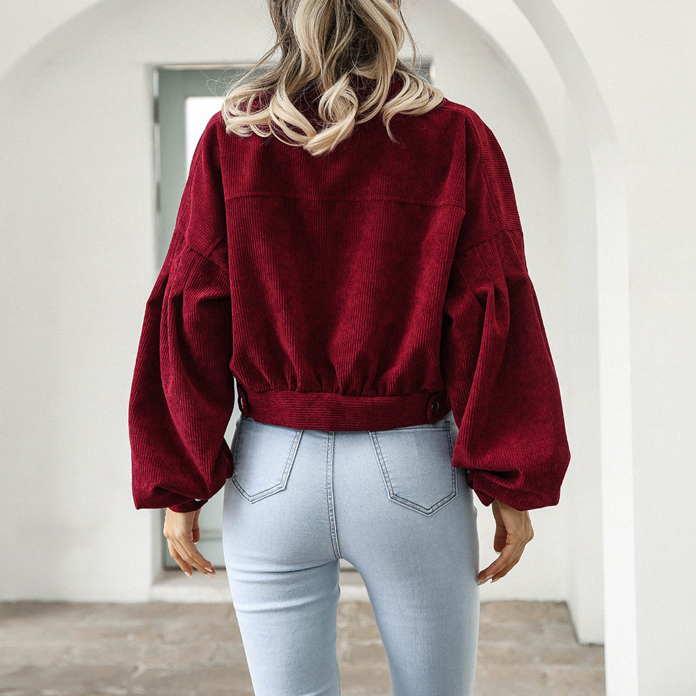 Femmes - Veste en denim velours côtelé - Tissu doux - Manches ballon surdimensionnées - Mode tendance