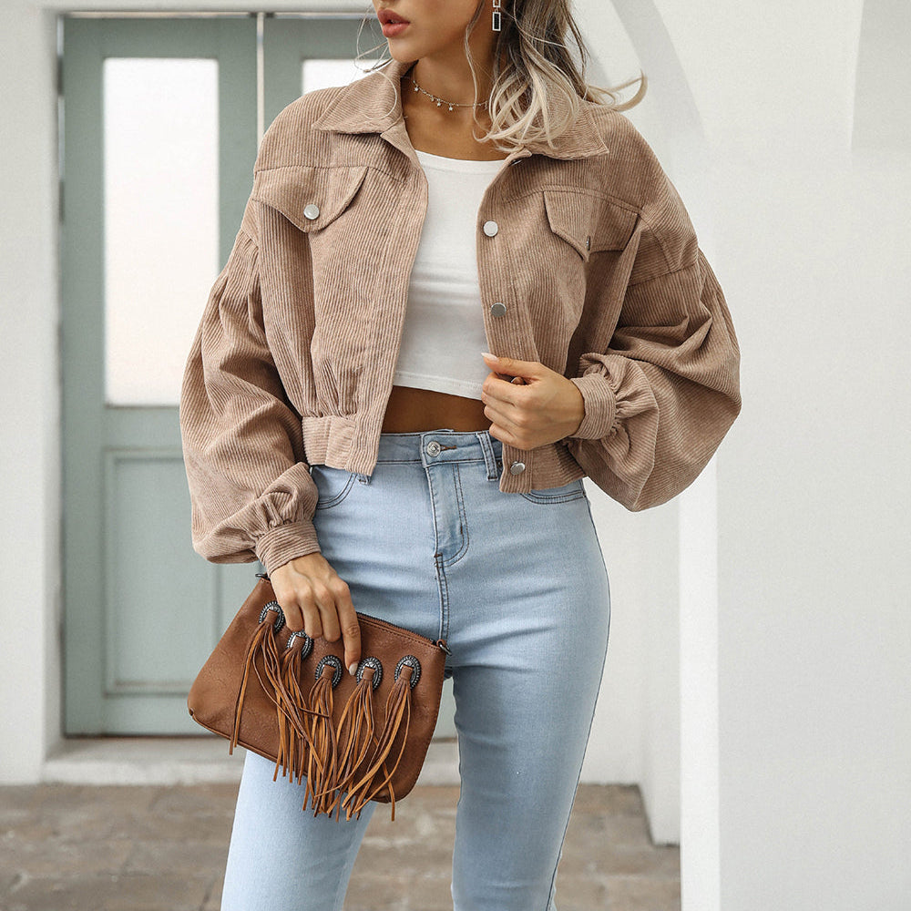 Femmes - Veste en denim velours côtelé - Tissu doux - Manches ballon surdimensionnées - Mode tendance