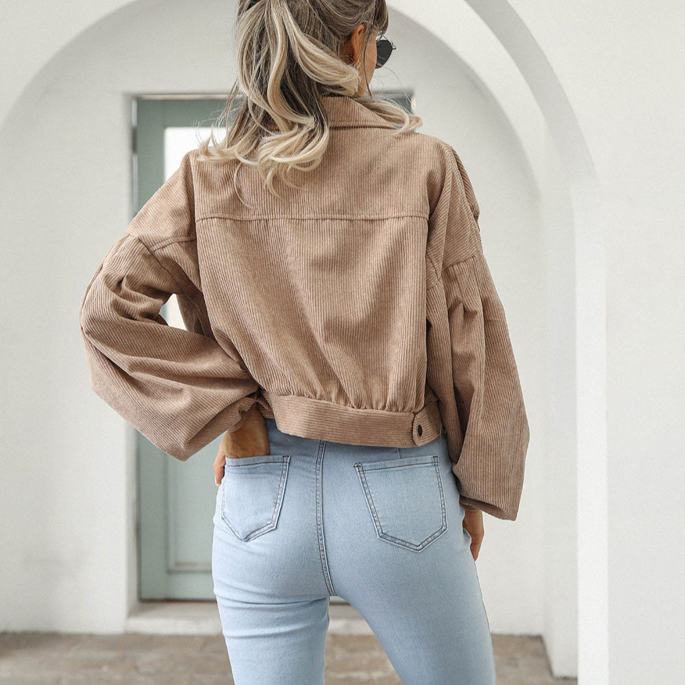 Femmes - Veste en denim velours côtelé - Tissu doux - Manches ballon surdimensionnées - Mode tendance