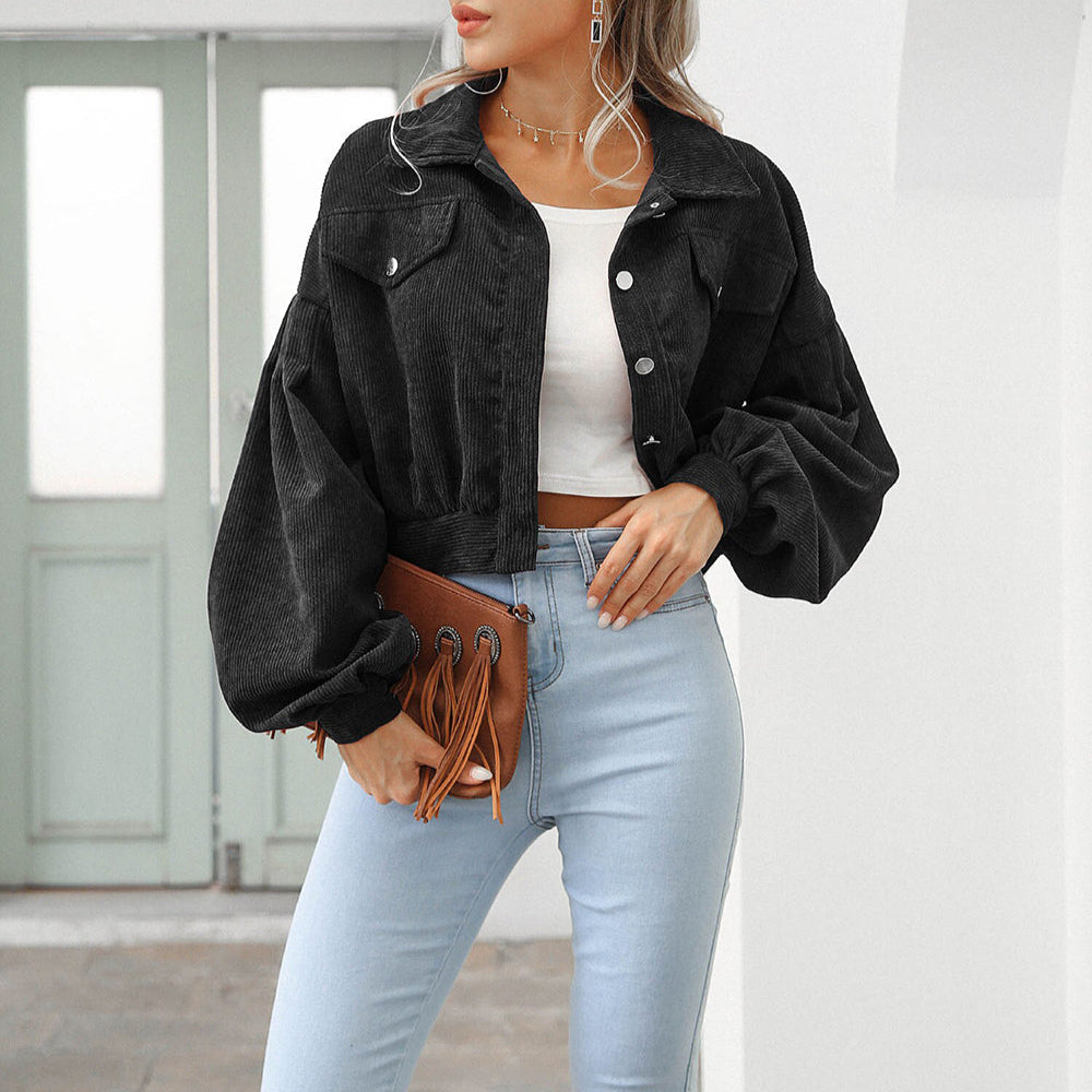 Femmes - Veste en denim velours côtelé - Tissu doux - Manches ballon surdimensionnées - Mode tendance