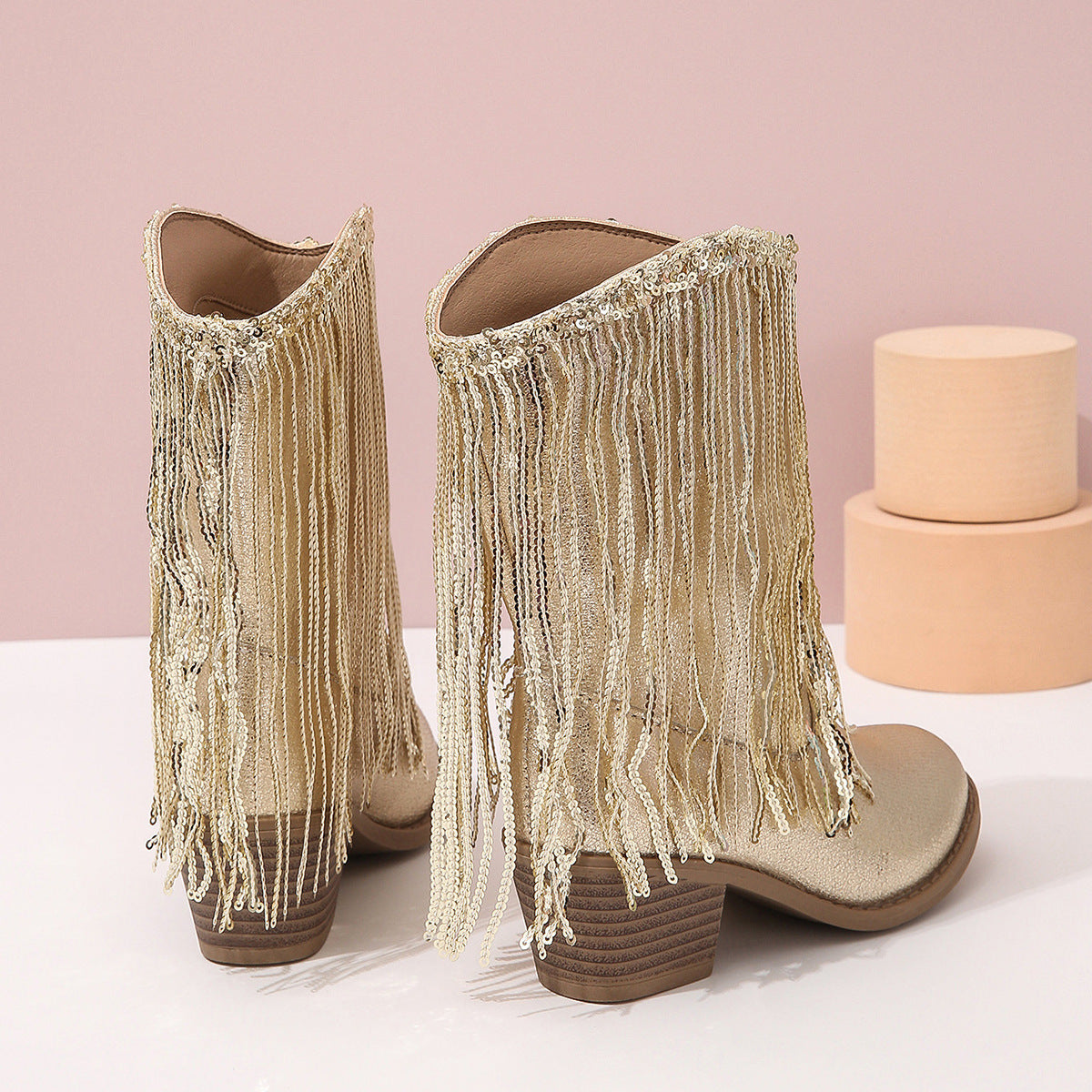 Femmes - Bottes - Cowboy mi-mollet - Paillettes étincelantes et franges tendances - Style unique