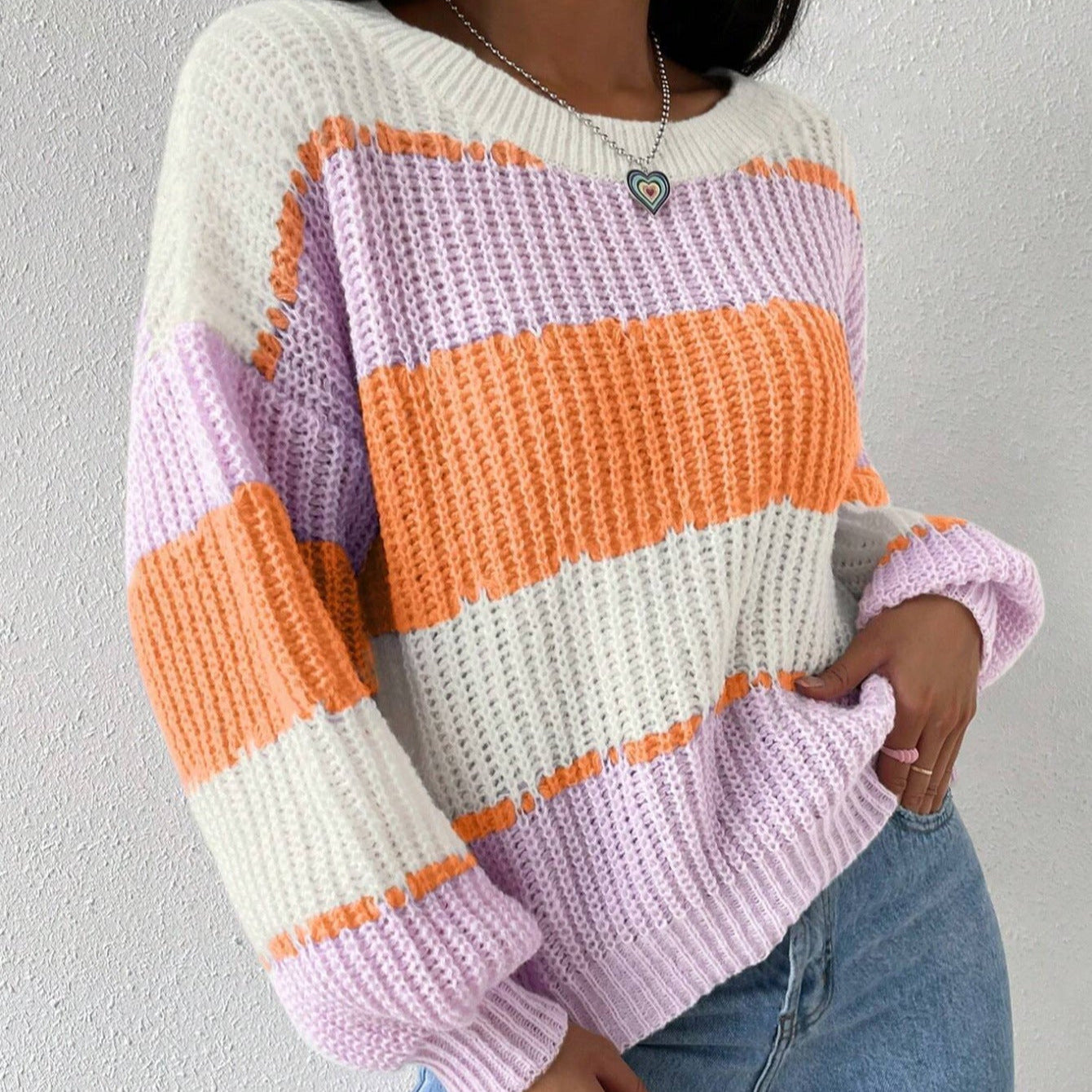 Femmes - Pull rayé en tricot à manches longues - Col ras du cou