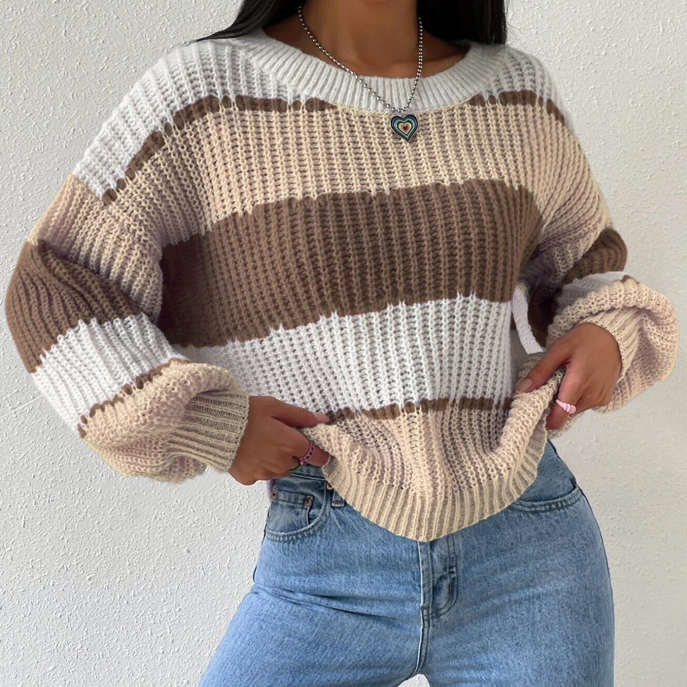 Femmes - Pull rayé en tricot à manches longues - Col ras du cou