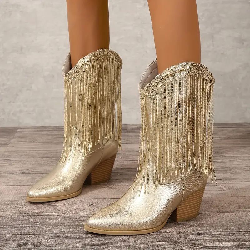 Femmes - Bottes - Cowboy mi-mollet - Paillettes étincelantes et franges tendances - Style unique