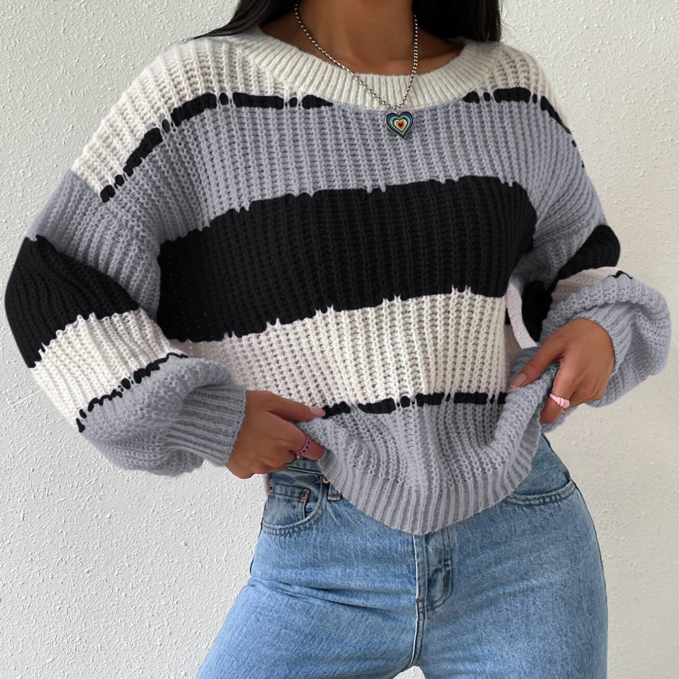 Femmes - Pull rayé en tricot à manches longues - Col ras du cou