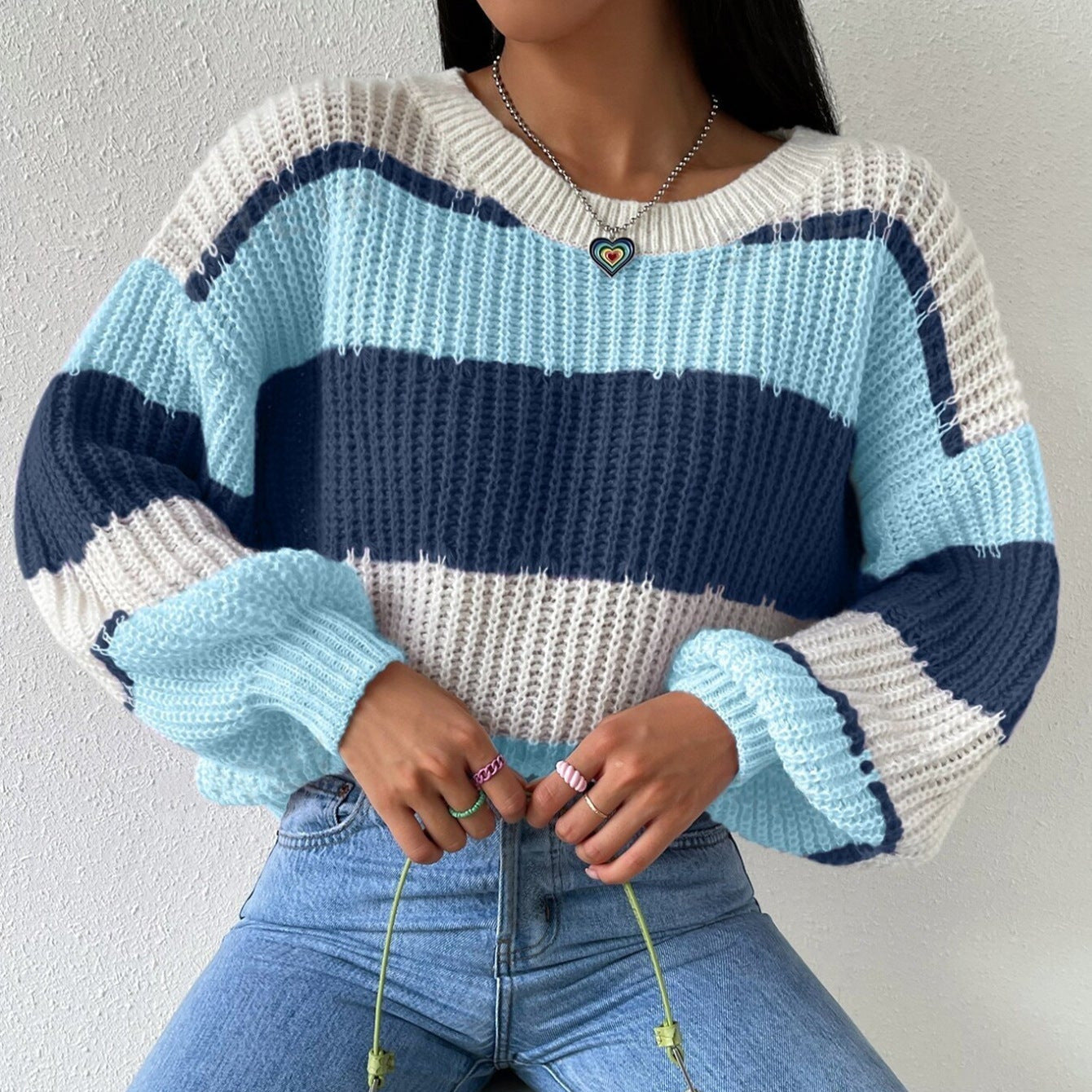 Femmes - Pull rayé en tricot à manches longues - Col ras du cou