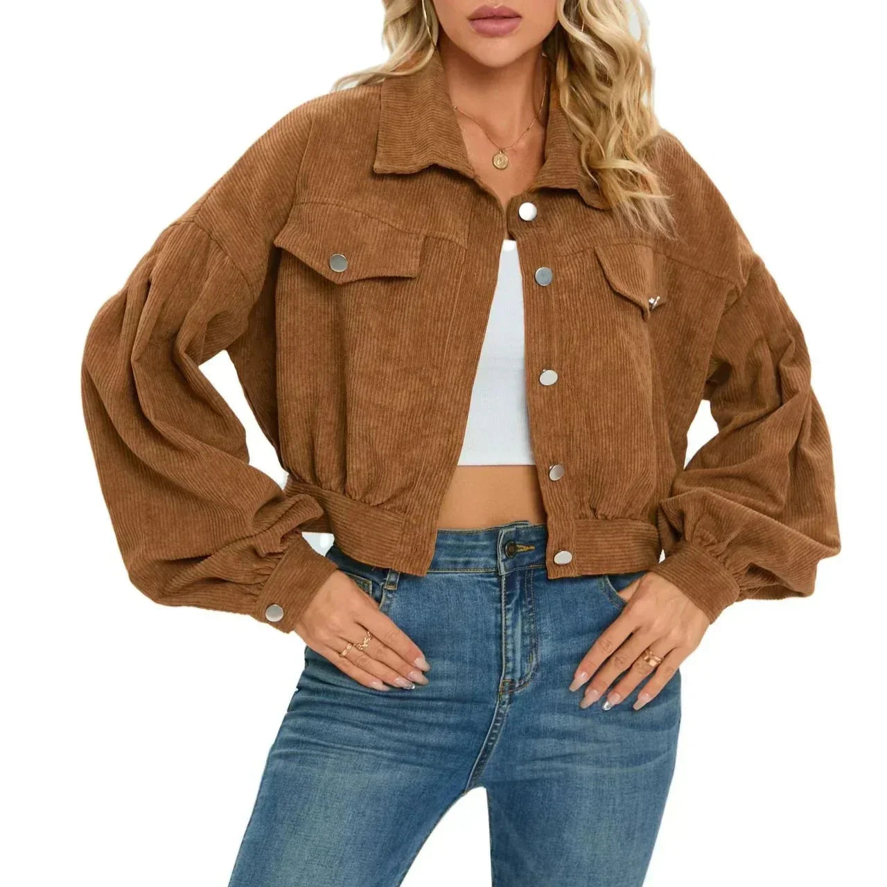 Femmes - Veste en denim velours côtelé - Tissu doux - Manches ballon surdimensionnées - Mode tendance