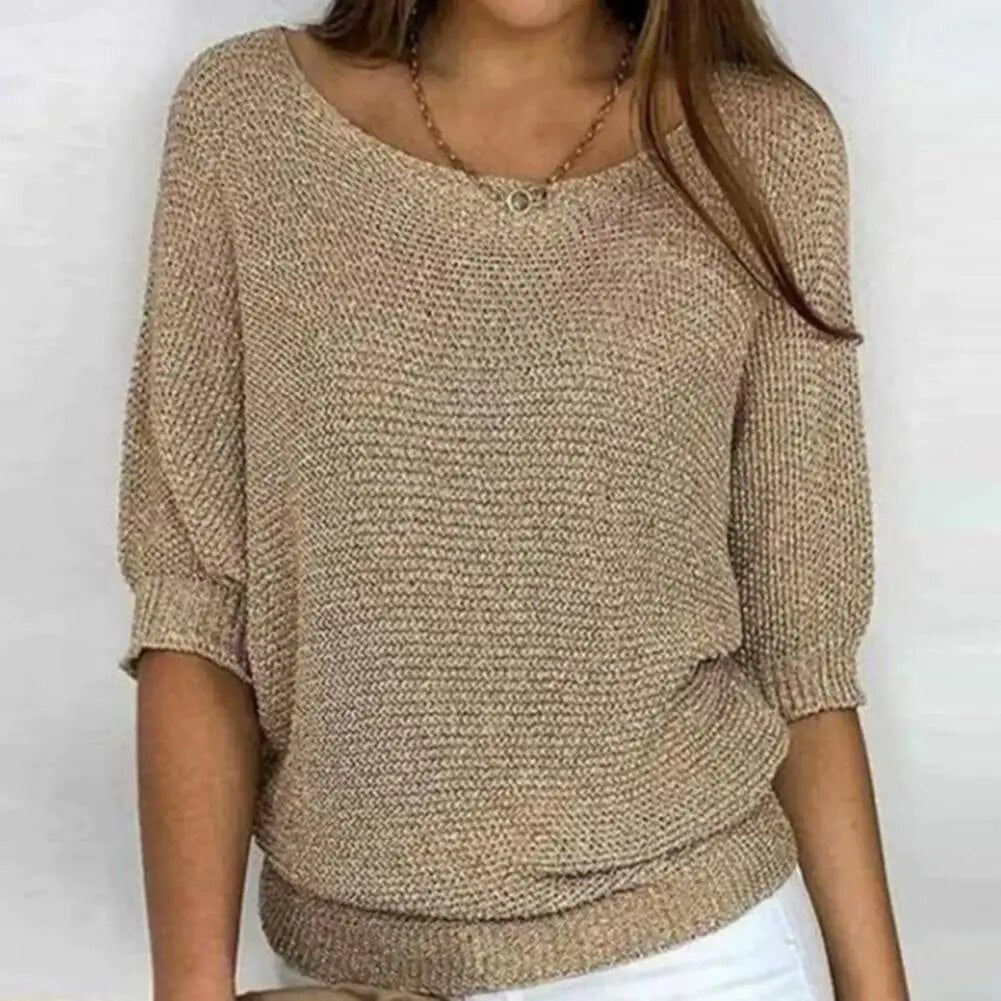 Femmes - Pull en maille doux à col rond - Matière respirante - Manches trois quarts - Élégant pour toutes occasions