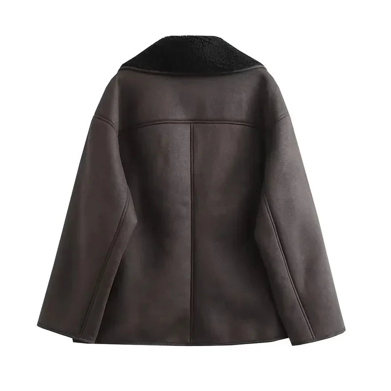 Femmes - Veste d'hiver en cuir - Doublure en peluche et col large