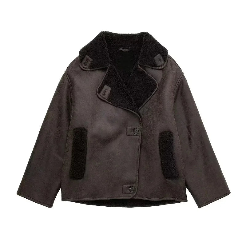 Femmes - Veste d'hiver en cuir - Doublure en peluche et col large