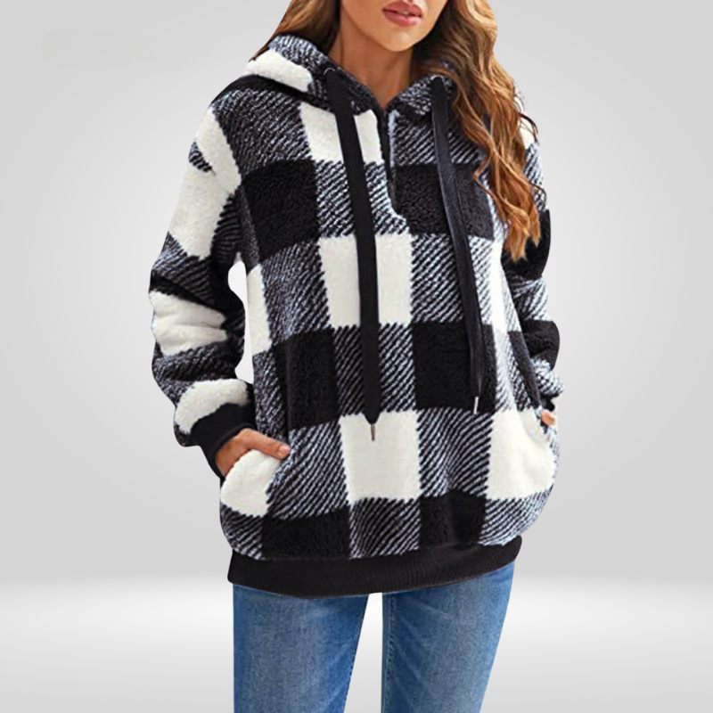 Femmes - Sweat à capuche semi-zippé - Motif à carreaux - Tricot Douillet et Tendance