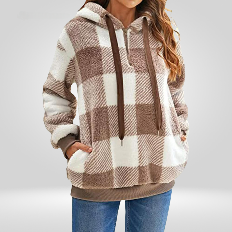 Femmes - Sweat à capuche semi-zippé - Motif à carreaux - Tricot Douillet et Tendance