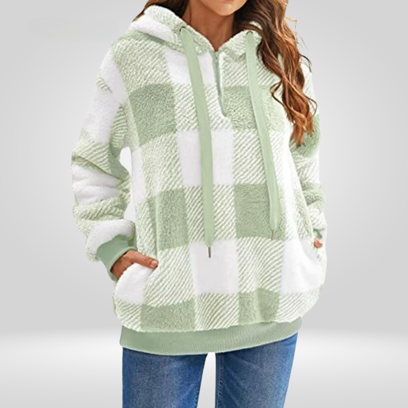 Femmes - Sweat à capuche semi-zippé - Motif à carreaux - Tricot Douillet et Tendance