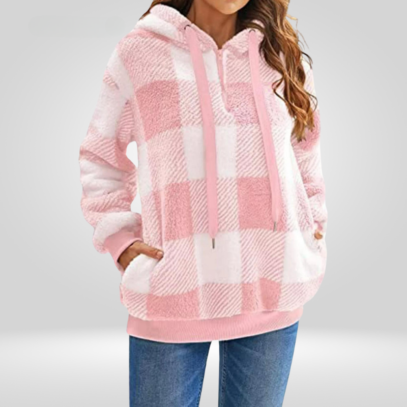 Femmes - Sweat à capuche semi-zippé - Motif à carreaux - Tricot Douillet et Tendance