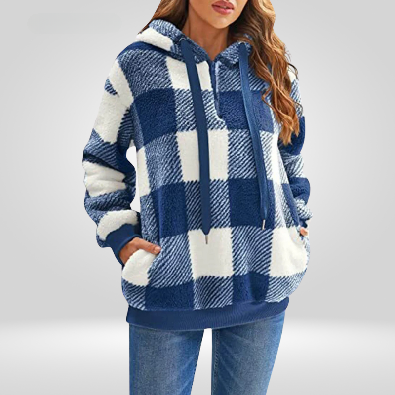 Femmes - Sweat à capuche semi-zippé - Motif à carreaux - Tricot Douillet et Tendance