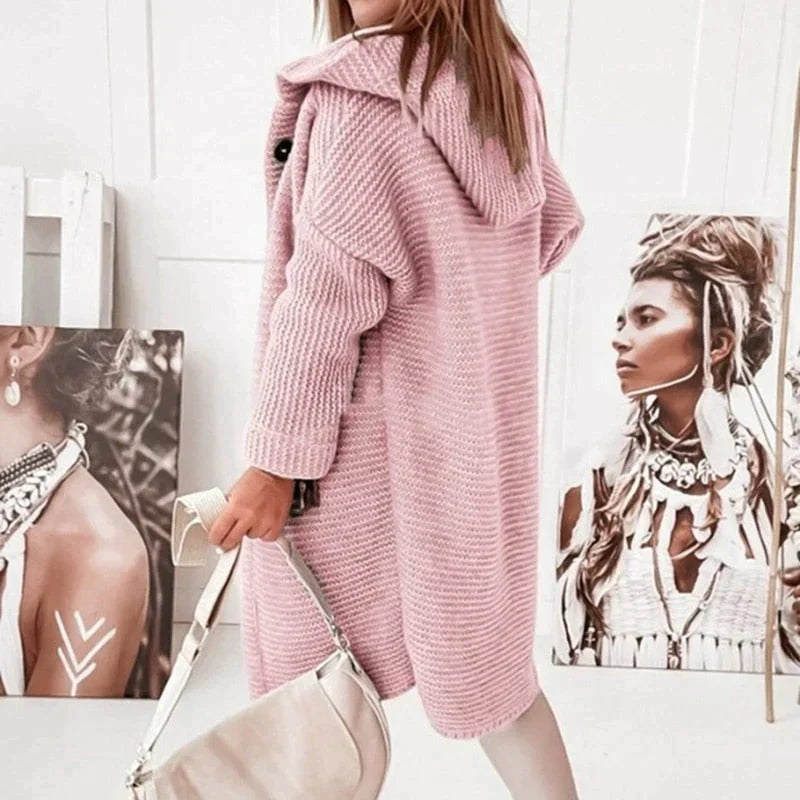 Femmes - Cardigan long en tricot à capuche - Boutonné devant - Élégant et Confortable