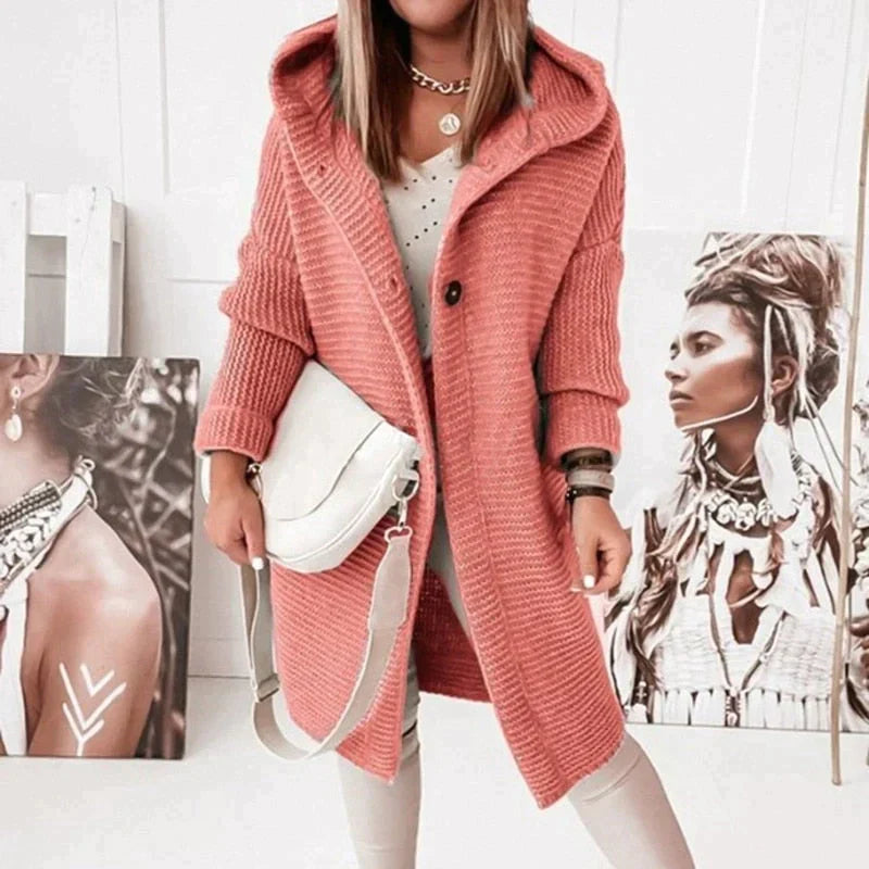 Femmes - Cardigan long en tricot à capuche - Boutonné devant - Élégant et Confortable
