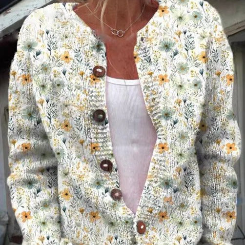 Femmes - Cardigan en maille florale - Col ras du cou - Élégant et confortable pour toutes les occasions
