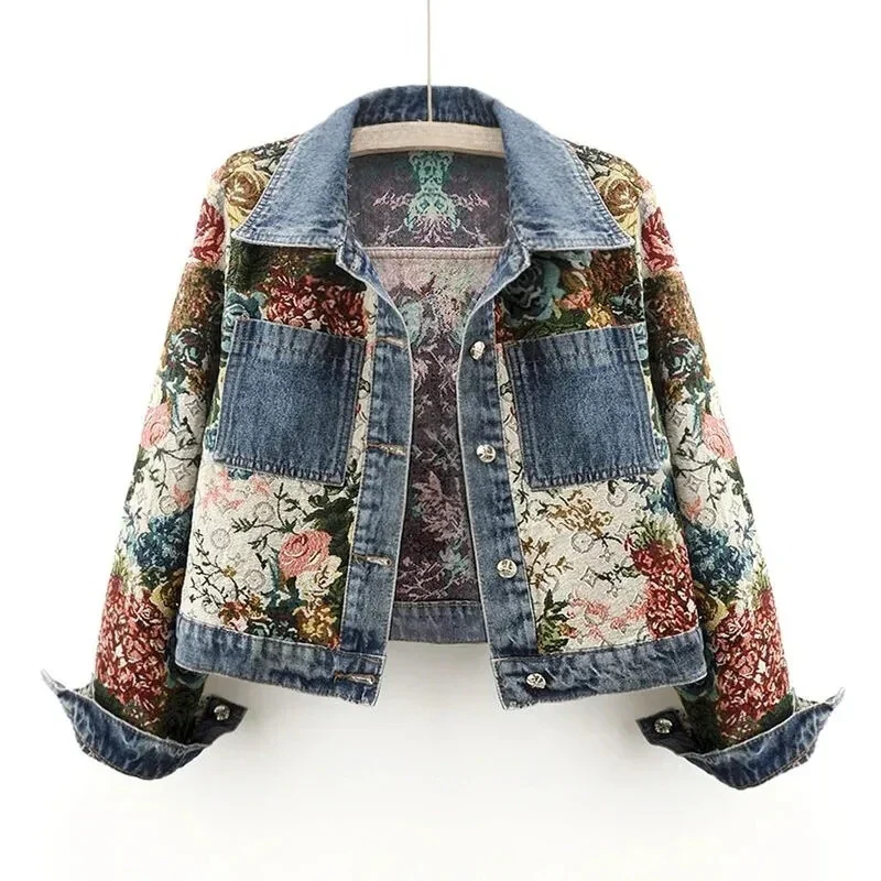 Femmes - Veste en jean à fleurs - Polyester respirant - Style vintage organique peint à la main - Mode unique