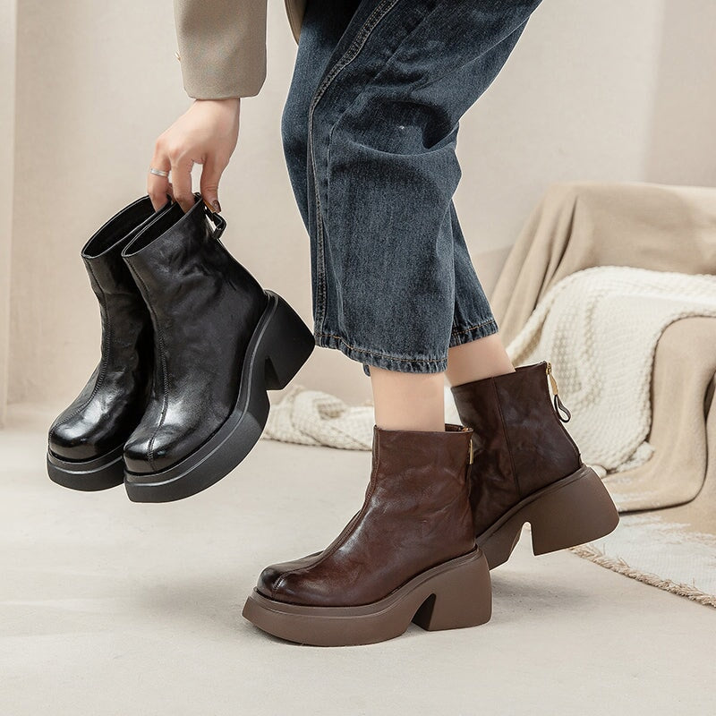 Femmes - Bottes à plateforme - Cuir de vache - Fermeture à glissière - Élégantes et Confortables