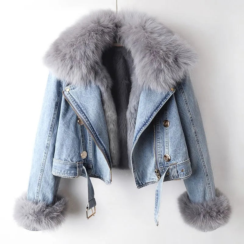 Femmes - Veste en jean - Denim de haute qualité - Col et poignets en fausse fourrure - Veste d'hiver tendance