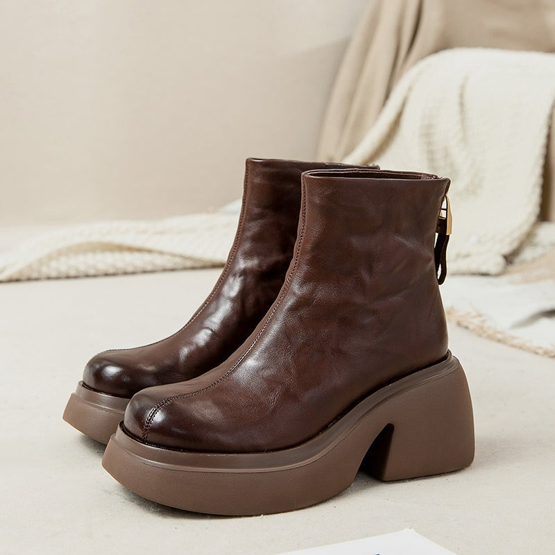 Femmes - Bottes à plateforme - Cuir de vache - Fermeture à glissière - Élégantes et Confortables