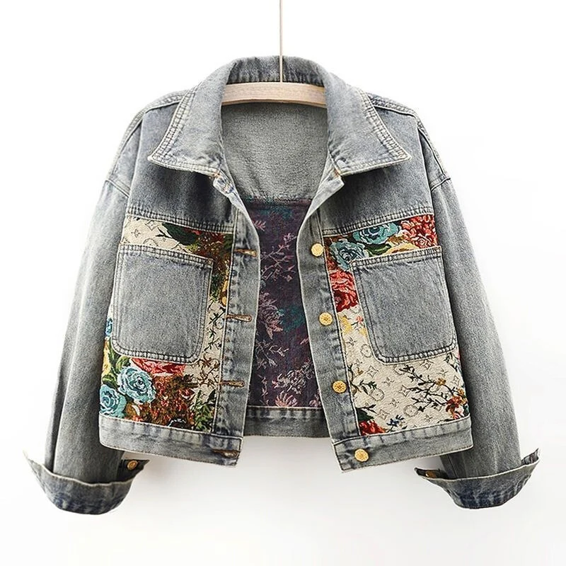 Femmes - Veste en jean à fleurs - Polyester respirant - Style vintage organique peint à la main - Mode unique