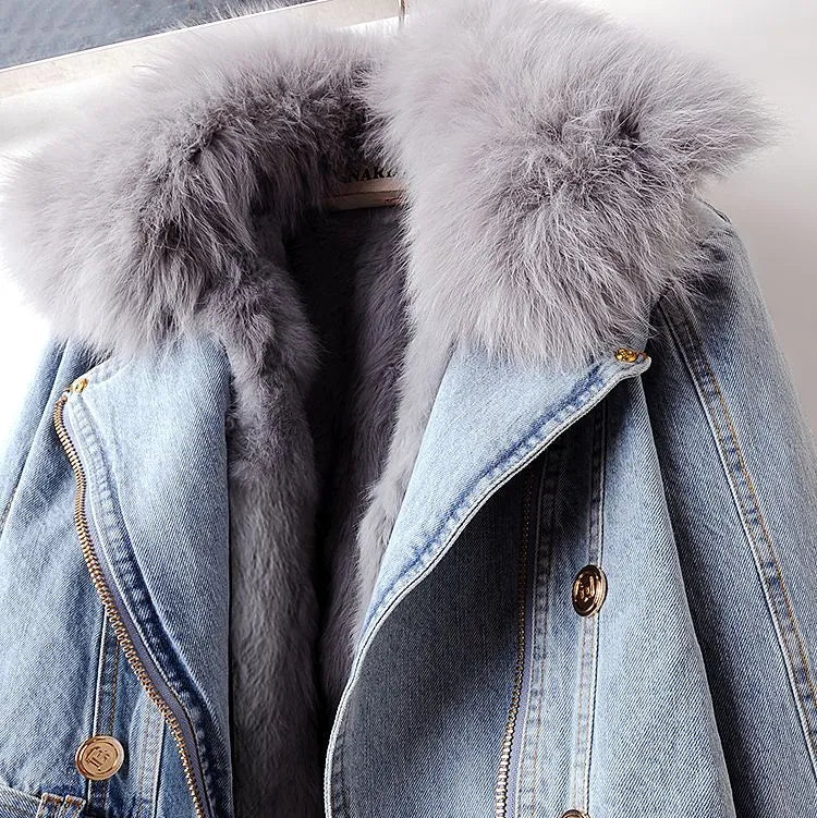 Femmes - Veste en jean - Denim de haute qualité - Col et poignets en fausse fourrure - Veste d'hiver tendance