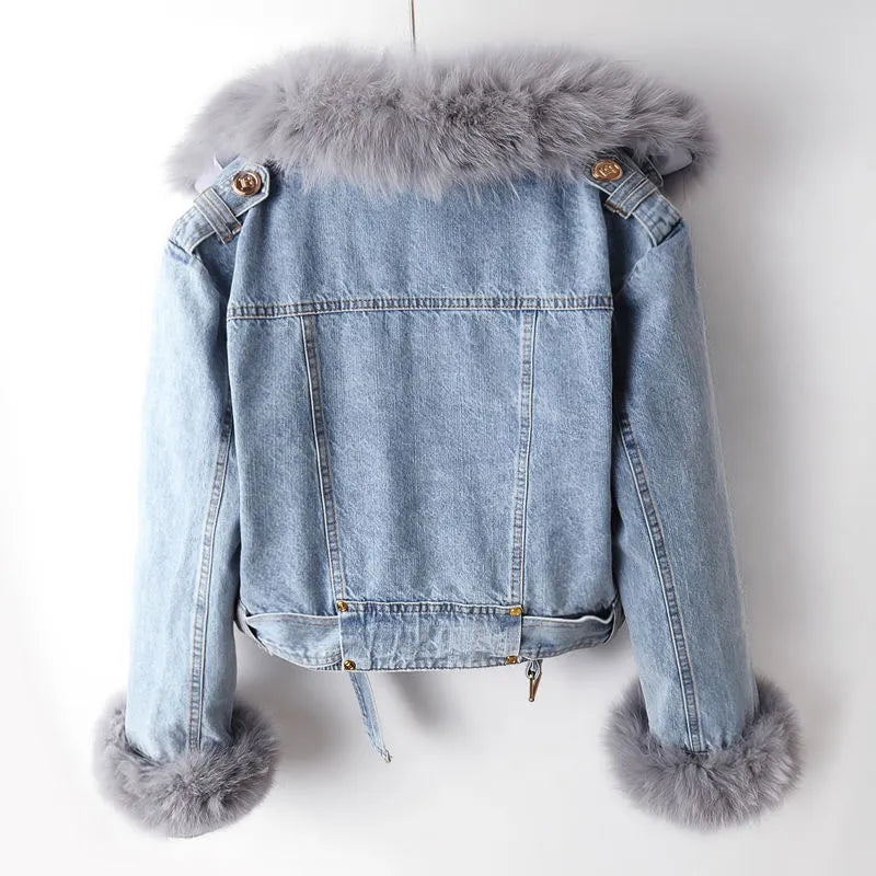 Femmes - Veste en jean - Denim de haute qualité - Col et poignets en fausse fourrure - Veste d'hiver tendance