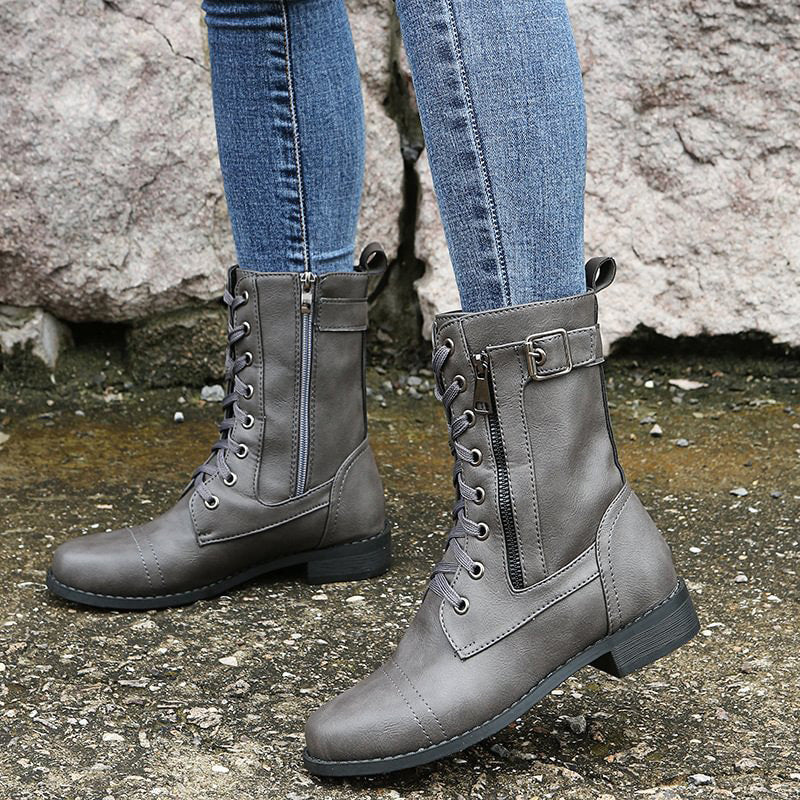 Femmes - Bottes mi-mollets à lacets - Fermeture à glissière et boucle