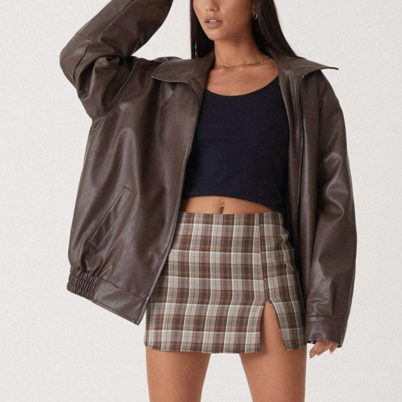 Femmes - Veste décontractée - Cuir - Col montant zippé - Élégance et confort au quotidien