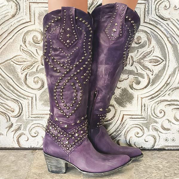 Femmes - Bottes - Rivetées en cuir - Cowboy à hauteur de genou - Style tendance et audacieux