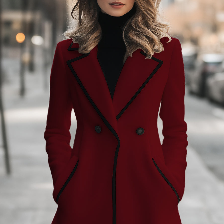 Femmes - Manteau chic - Tissu mélangé - Double boutonnage - Bordures noires - Intemporelle pour toutes les occasions