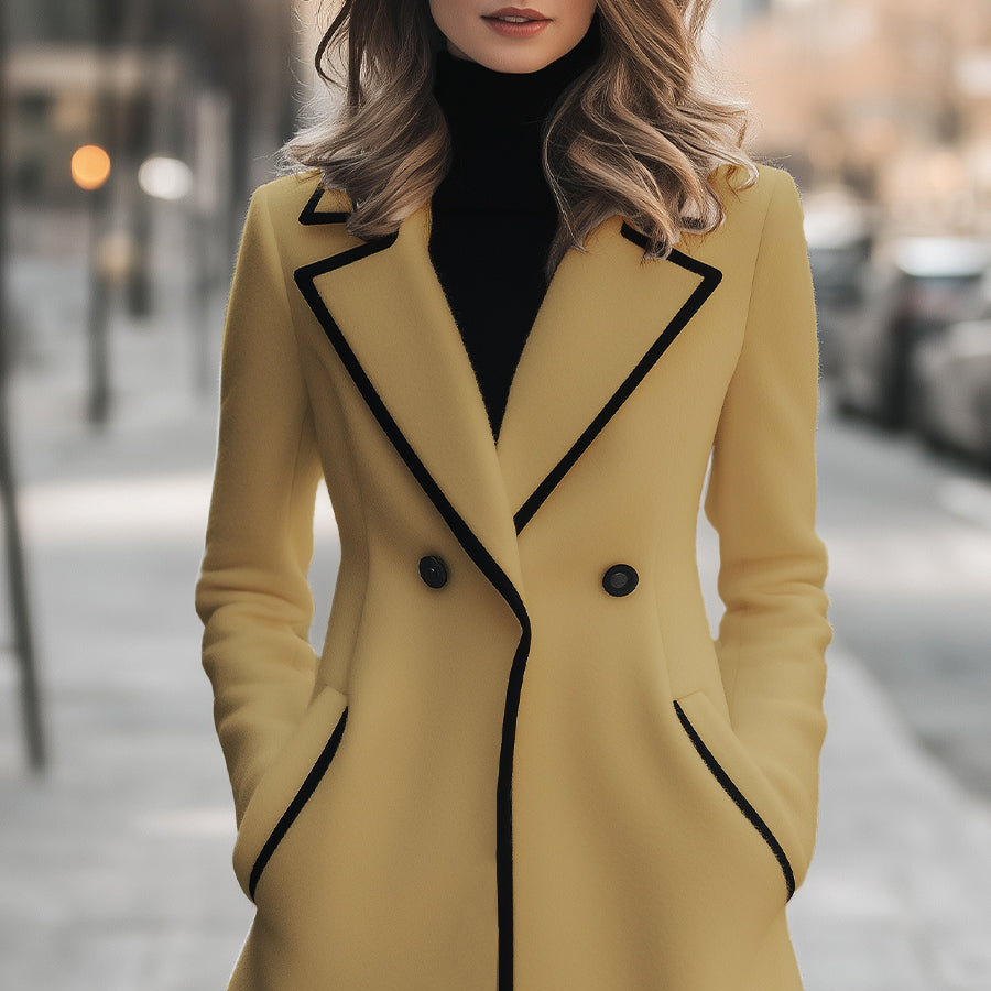 Femmes - Manteau chic - Tissu mélangé - Double boutonnage - Bordures noires - Intemporelle pour toutes les occasions