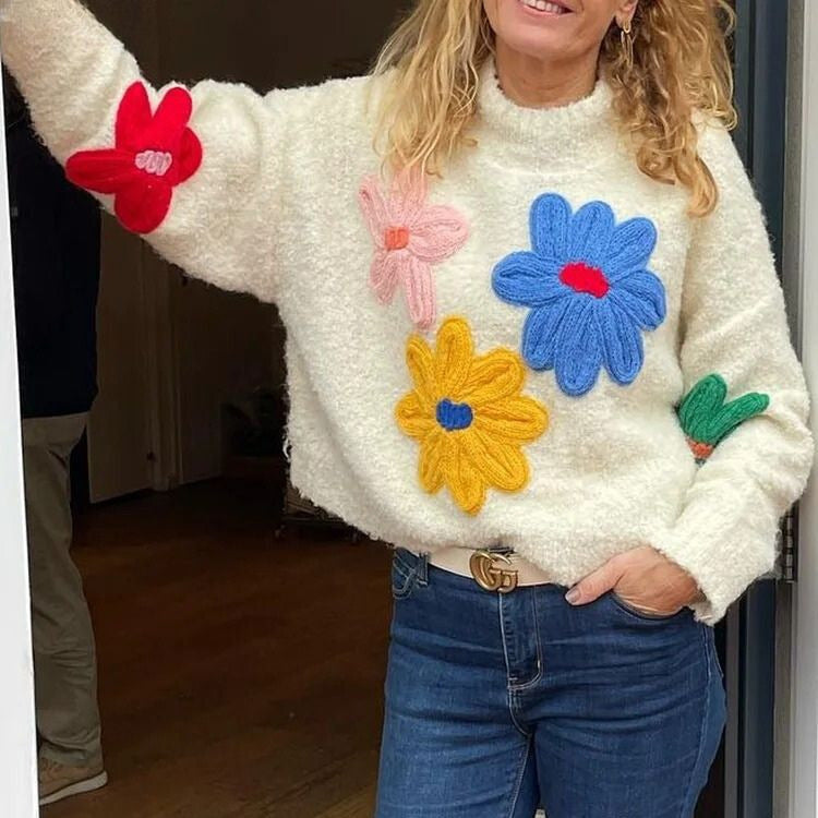 Femmes - Pull surdimensionné à fleurs blanches - Gros Tricot
