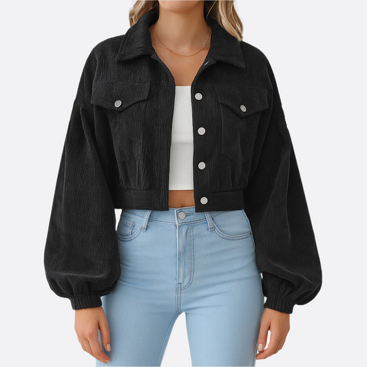 Femmes - Veste en denim velours côtelé - Tissu doux - Manches ballon surdimensionnées - Mode tendance