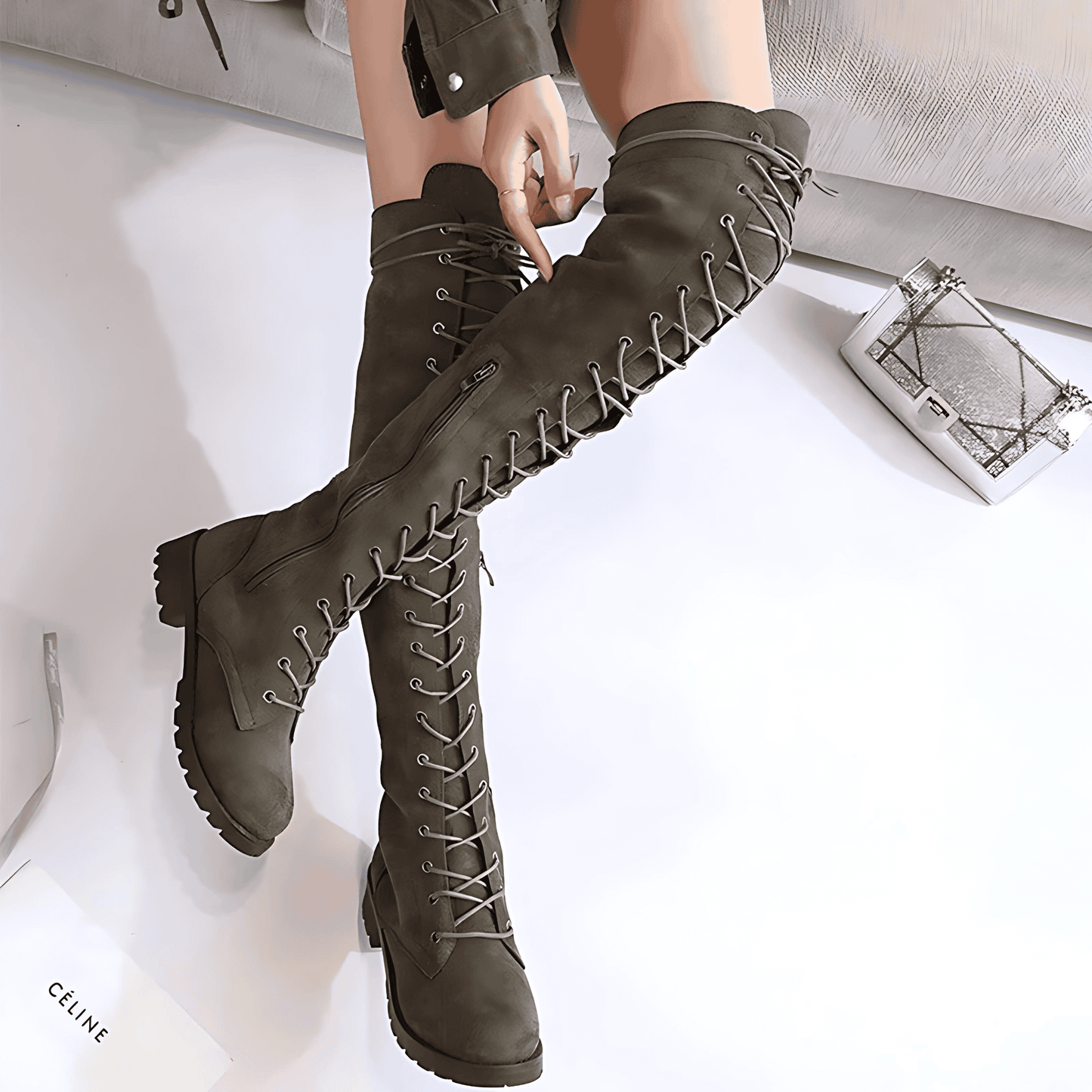 Femmes - Bottes à hauteur de genou - Daim à lacets